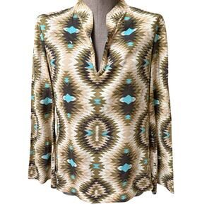 Tory Burch Tunic Top Women's Size 2 XS Brown Cotton Southwestern Print Beaded